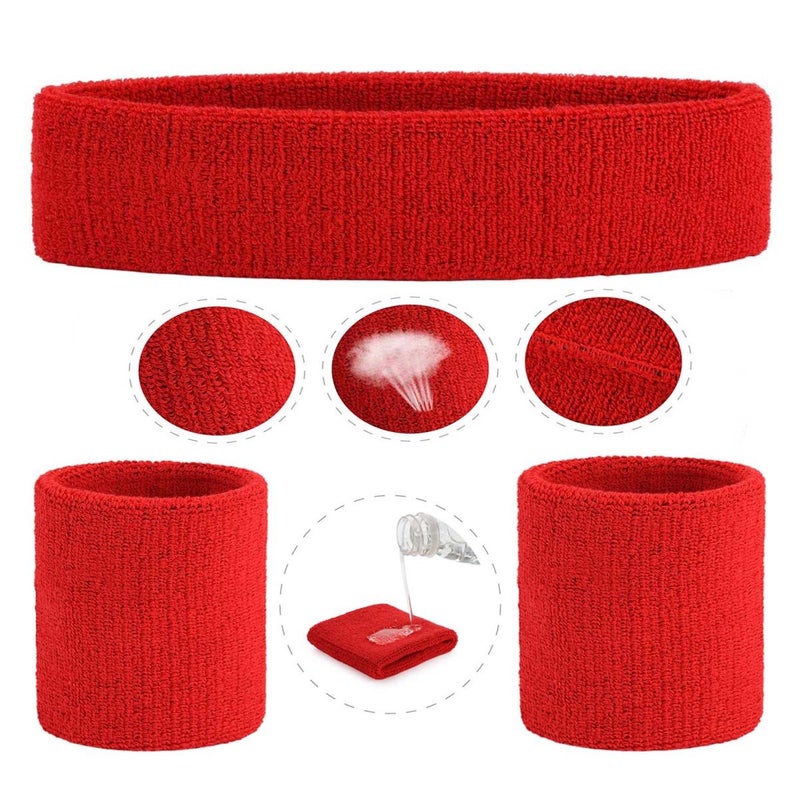 ONUPGO Red Sweatband, Sports Headband Striped SweatbandsSet, Terry Cloth Wristband Athletic Exercise Basketball Wrist Sweatband and Headbands Moisture Wicking Sweat Absorbing Head Band - Image 3